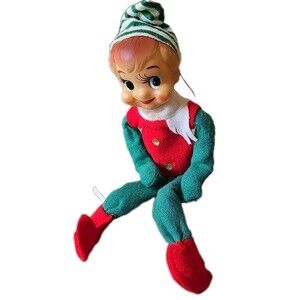 Vintage NOEL JAPAN RED GREEN KNEE HUGGER ELF CHRISTMAS ORNAMENT Original Sticker